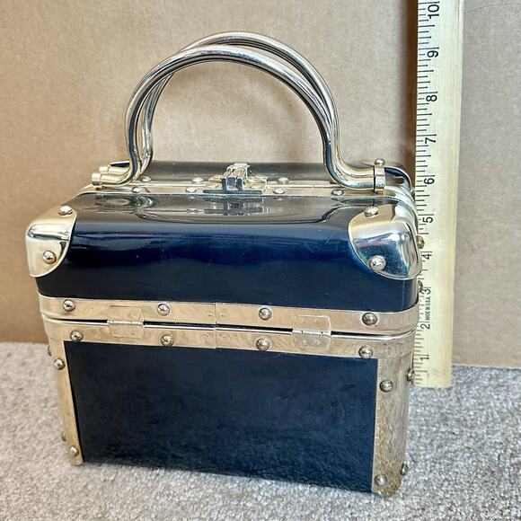Vintage Delill Italy Black Lucite Metal Trunk Purse Box Handbag Top Handle - Picture 2 of 9
